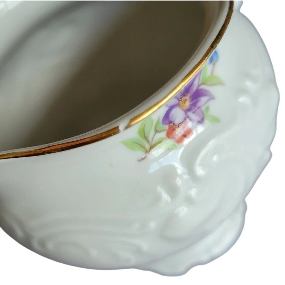 Walbrzych Poland White Embossed Floral Gold Rim‎ Creamer Cottage Vtg Tea Party